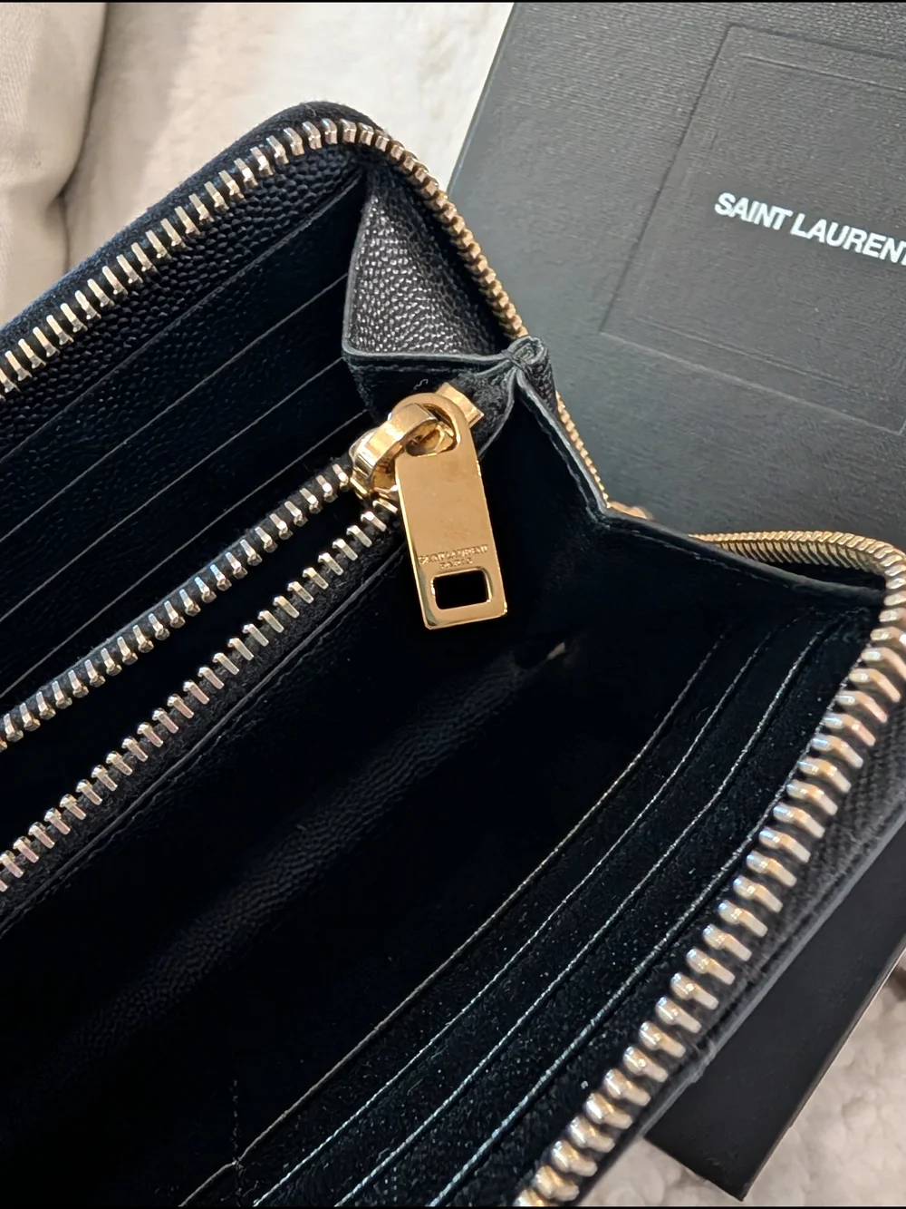 Saint Laurent Black Quilted Leather Zip Wallet with Gold Logo